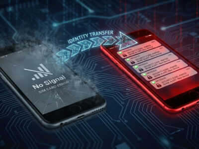 Ilustratie dramatica aratand transferul identitatii cartelei SIM de la telefonul victimei fara semnal catre telefonul hackerului care primeste coduri de securitate