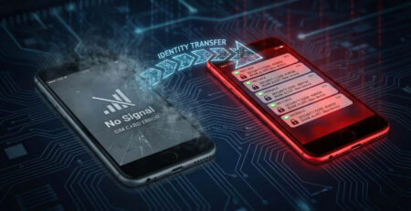 Ilustratie dramatica aratand transferul identitatii cartelei SIM de la telefonul victimei fara semnal catre telefonul hackerului care primeste coduri de securitate