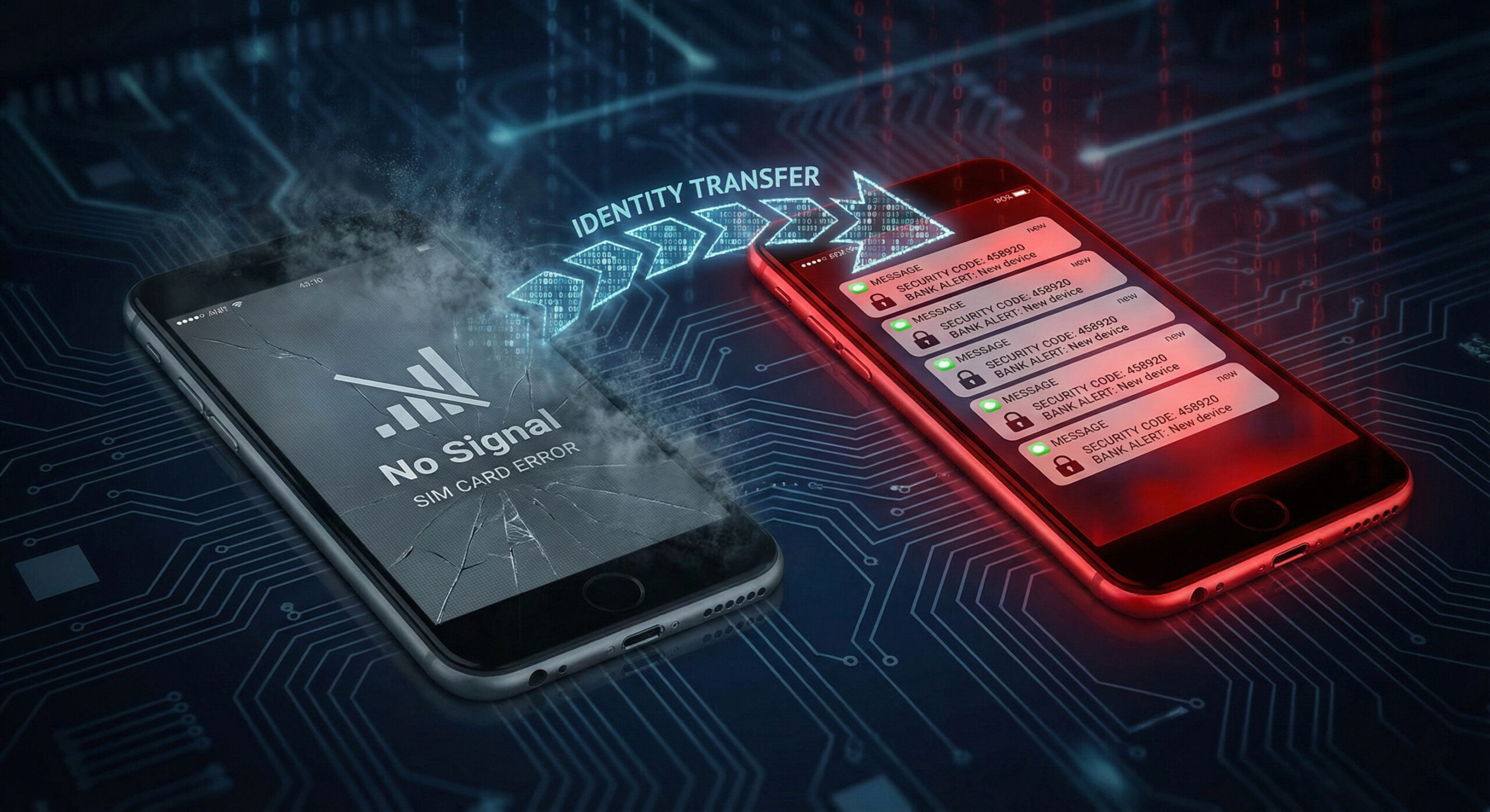 Ilustratie dramatica aratand transferul identitatii cartelei SIM de la telefonul victimei fara semnal catre telefonul hackerului care primeste coduri de securitate