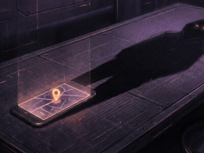 Ilustratie sugestiva cu un telefon mobil care proiecteaza o umbra cu ochi care privesc simbolizand monitorizarea ascunsa prin aplicatii stalkerware