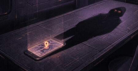 Ilustratie sugestiva cu un telefon mobil care proiecteaza o umbra cu ochi care privesc simbolizand monitorizarea ascunsa prin aplicatii stalkerware