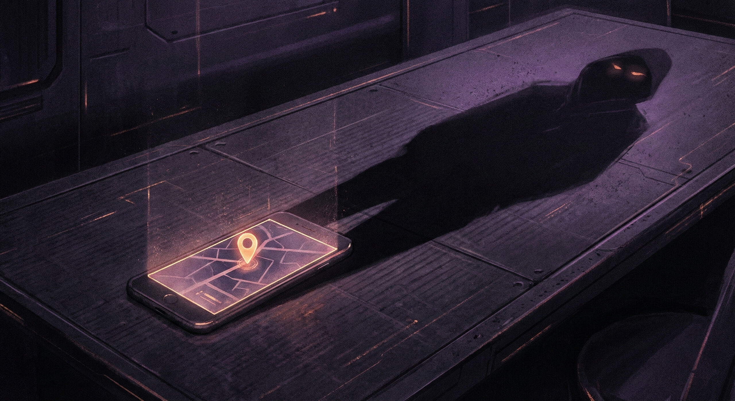 Ilustratie sugestiva cu un telefon mobil care proiecteaza o umbra cu ochi care privesc simbolizand monitorizarea ascunsa prin aplicatii stalkerware