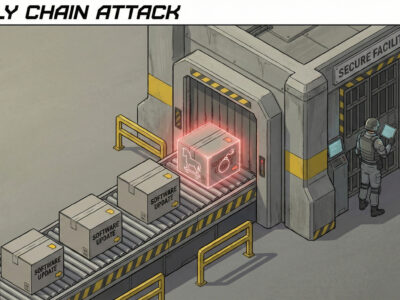 Ilustratie izometrica cu o banda transportoare care introduce pachete de software intr-o cetate unul dintre ele fiind un cal troian simbolizand atacul Supply Chain