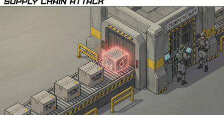 Ilustratie izometrica cu o banda transportoare care introduce pachete de software intr-o cetate unul dintre ele fiind un cal troian simbolizand atacul Supply Chain