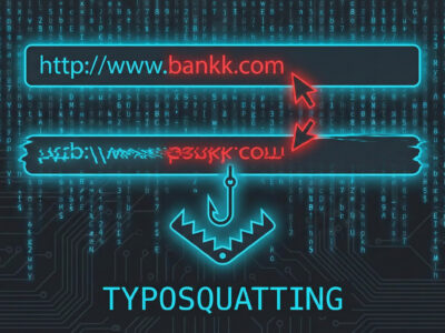 Ilustratie reprezentand o bara de adresa web cu o greseala de tastare evidentiata in rosu simbolizand un atac de tip Typosquatting