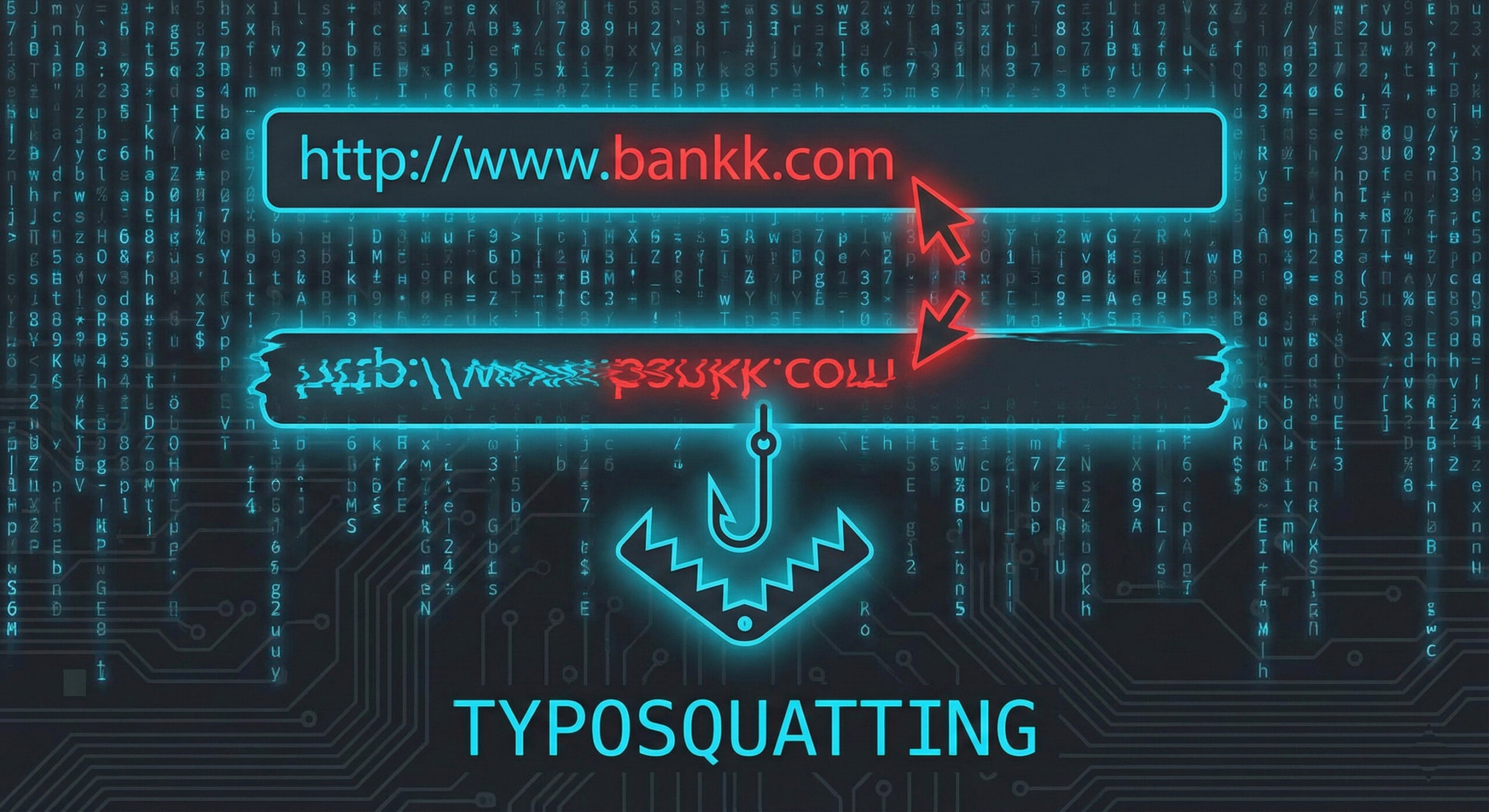 Ilustratie reprezentand o bara de adresa web cu o greseala de tastare evidentiata in rosu simbolizand un atac de tip Typosquatting