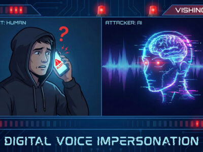 Ilustratie reprezentand un atac de tip Vishing unde o unda sonora digitala sub forma de robot imita vocea umana la telefon