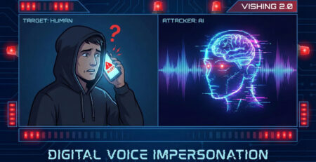 Ilustratie reprezentand un atac de tip Vishing unde o unda sonora digitala sub forma de robot imita vocea umana la telefon