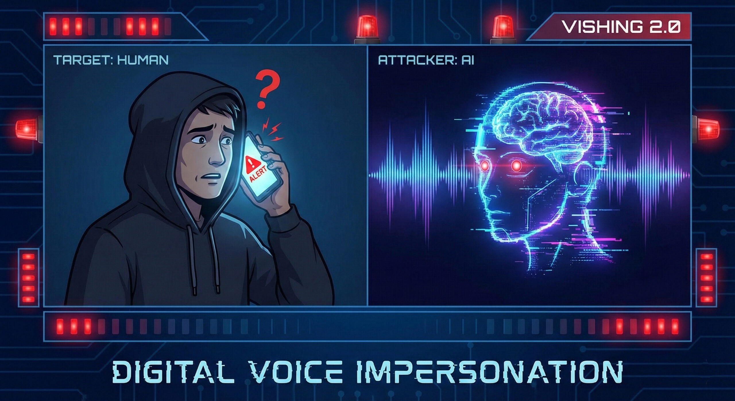 Ilustratie reprezentand un atac de tip Vishing unde o unda sonora digitala sub forma de robot imita vocea umana la telefon