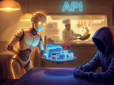 Ilustratie conceptuala cu un ospatar robot care serveste date confidentiale unui hacker simbolizand o vulnerabilitate de tip API