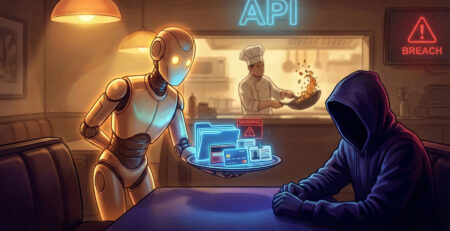 Ilustratie conceptuala cu un ospatar robot care serveste date confidentiale unui hacker simbolizand o vulnerabilitate de tip API