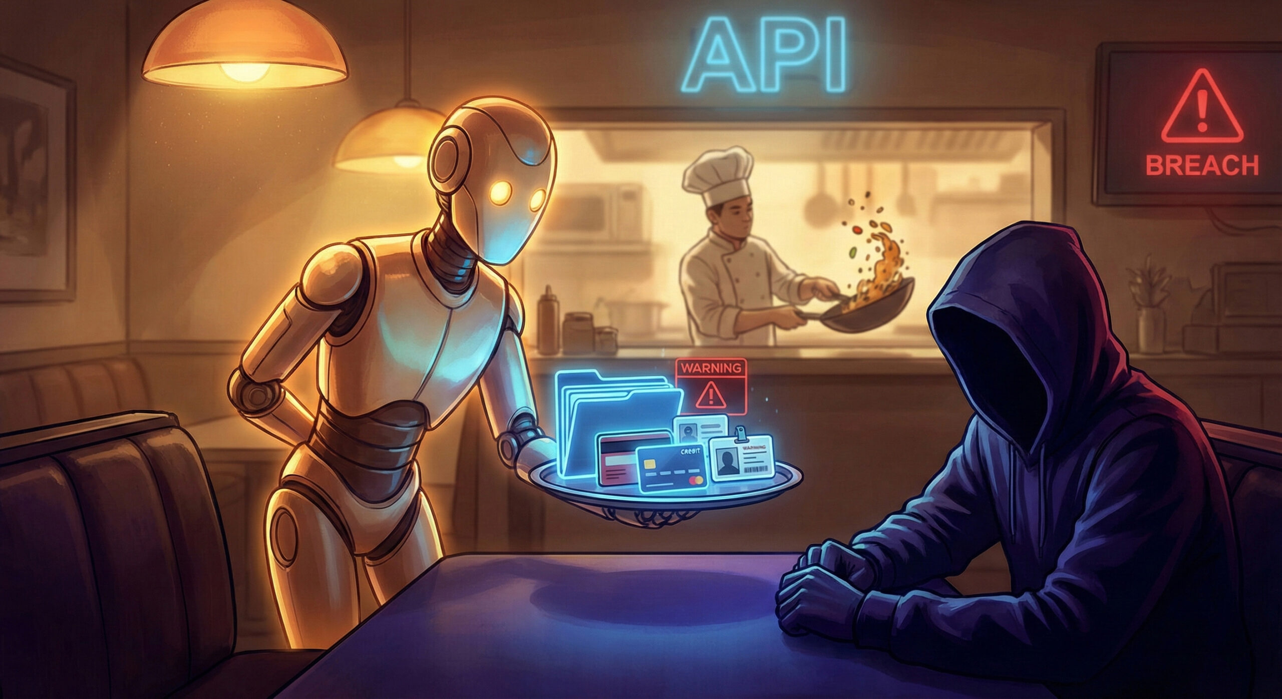 Ilustratie conceptuala cu un ospatar robot care serveste date confidentiale unui hacker simbolizand o vulnerabilitate de tip API