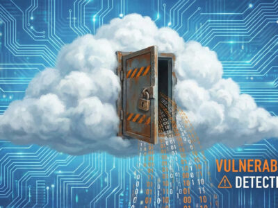 Ilustratie conceptuala cu un nor digital reprezentand Cloud Computing care are o usa de seif uitata deschisa prin care se scurg date binare