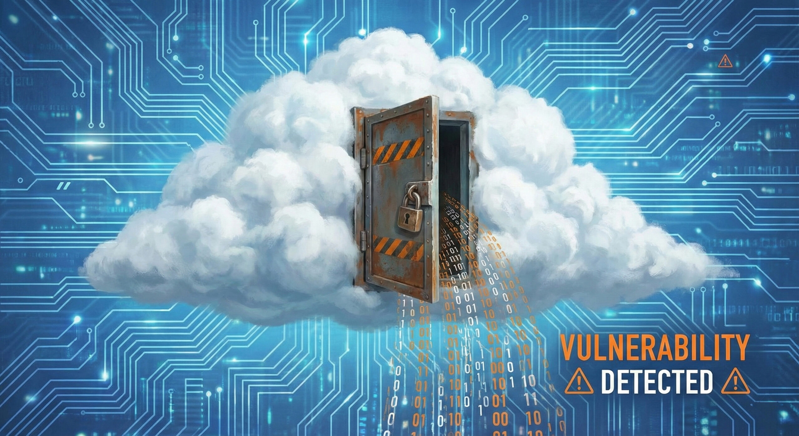 Ilustratie conceptuala cu un nor digital reprezentand Cloud Computing care are o usa de seif uitata deschisa prin care se scurg date binare