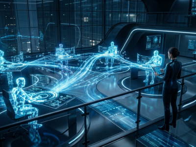 Ilustratie futurista cu agenti AI autonomi care colaboreaza intr-un spatiu de lucru digital, simbolizand automatizarea proceselor de business in 2026