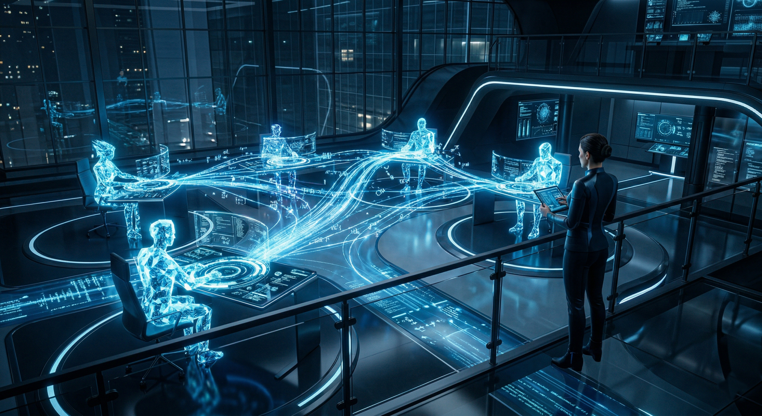 Ilustratie futurista cu agenti AI autonomi care colaboreaza intr-un spatiu de lucru digital, simbolizand automatizarea proceselor de business in 2026