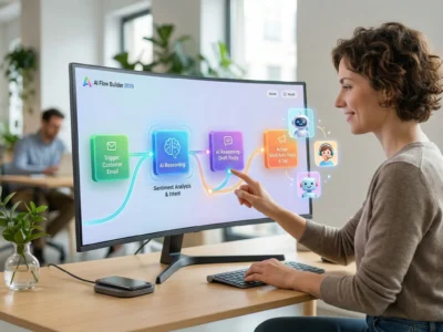 Ilustratie conceptuala reprezentand crearea de agenti AI fara cod in 2026 prin interfete vizuale drag-and-drop, permitand utilizatorilor non-tehnici sa construiasca roboti de business personalizati