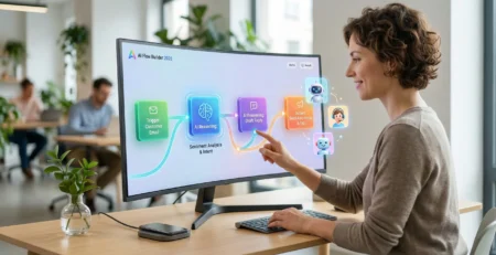 Ilustratie conceptuala reprezentand crearea de agenti AI fara cod in 2026 prin interfete vizuale drag-and-drop, permitand utilizatorilor non-tehnici sa construiasca roboti de business personalizati