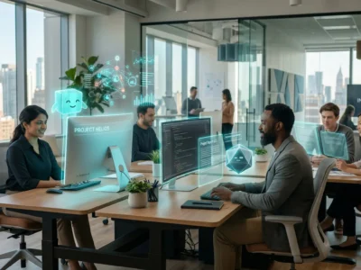 Ilustratie conceptuala a unei echipe hibride in 2026 unde angajatii umani colaboreaza cu agenti digitali inteligenti pentru automatizarea sarcinilor repetitive si cresterea productivitatii in birou