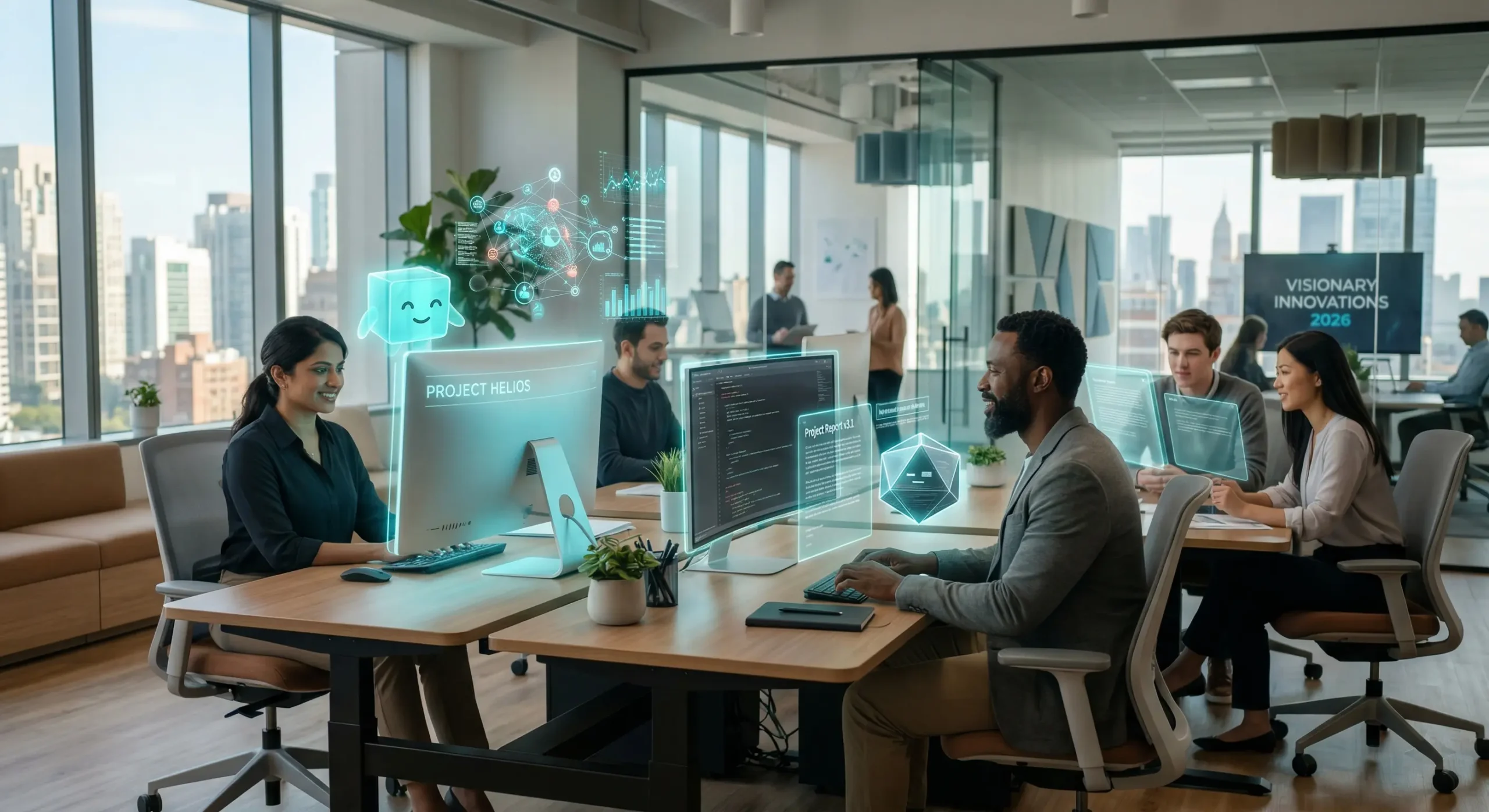 Ilustratie conceptuala a unei echipe hibride in 2026 unde angajatii umani colaboreaza cu agenti digitali inteligenti pentru automatizarea sarcinilor repetitive si cresterea productivitatii in birou