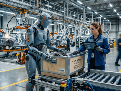 Robot umanoid modern lucrand intr-o fabrica alaturi de un inginer uman, simbolizand integrarea inteligentei artificiale fizice in industrie si logistica
