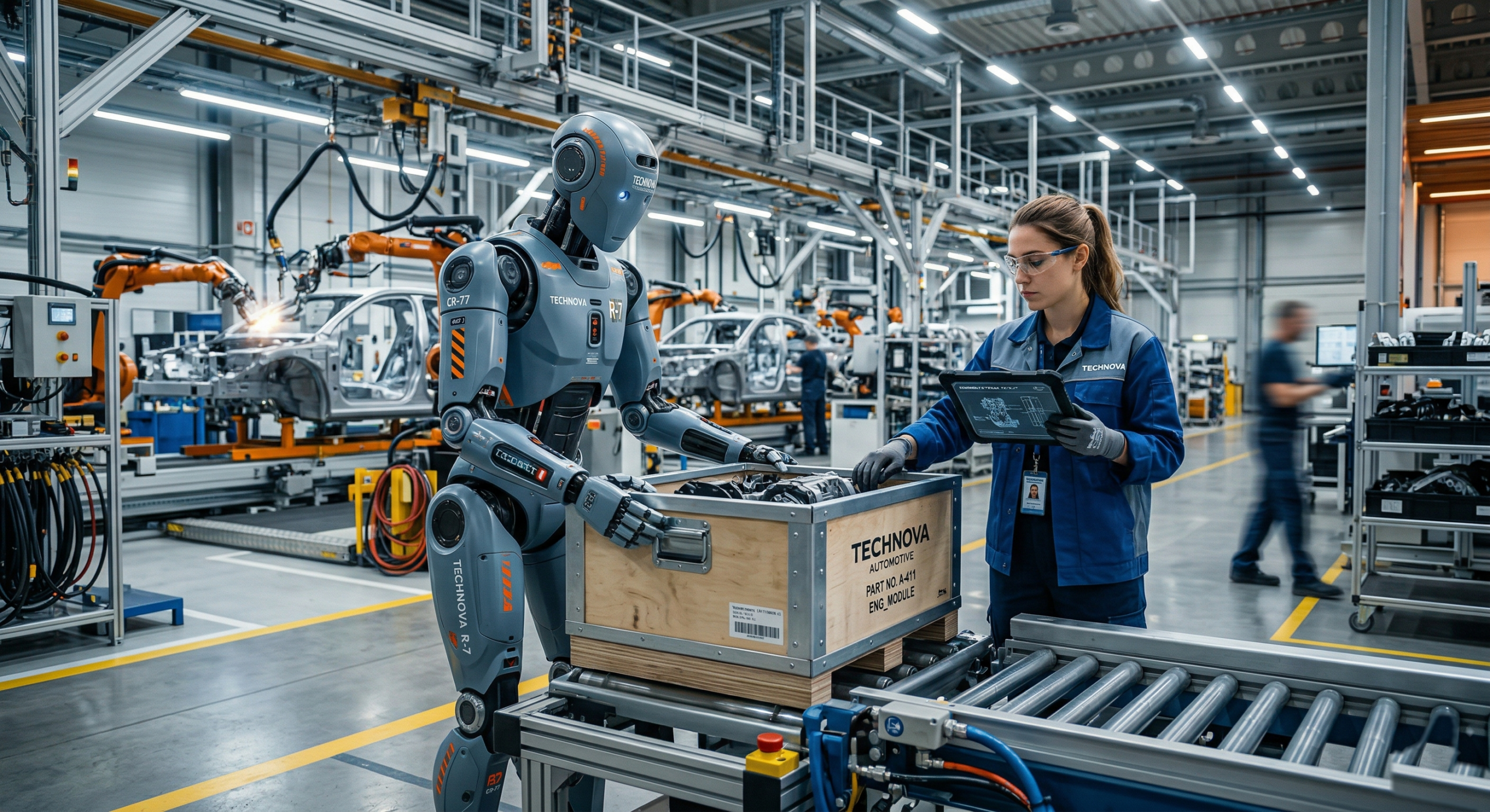 Robot umanoid modern lucrand intr-o fabrica alaturi de un inginer uman, simbolizand integrarea inteligentei artificiale fizice in industrie si logistica