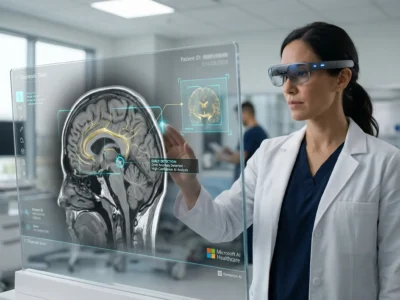 Ilustratie conceptuala cu o doctorita in 2026 folosind un sistem de inteligenta artificiala medicala (Microsoft AI Healthcare) pentru detectarea timpurie a dementiei dintr-un RMN cerebral, simbolizand rolul AI ca instrument de sprijin in diagnosticarea timpurie a bolilor