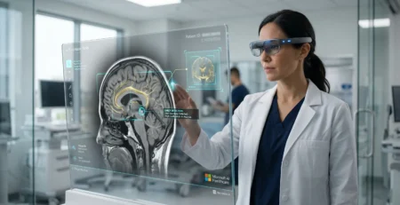 Ilustratie conceptuala cu o doctorita in 2026 folosind un sistem de inteligenta artificiala medicala (Microsoft AI Healthcare) pentru detectarea timpurie a dementiei dintr-un RMN cerebral, simbolizand rolul AI ca instrument de sprijin in diagnosticarea timpurie a bolilor