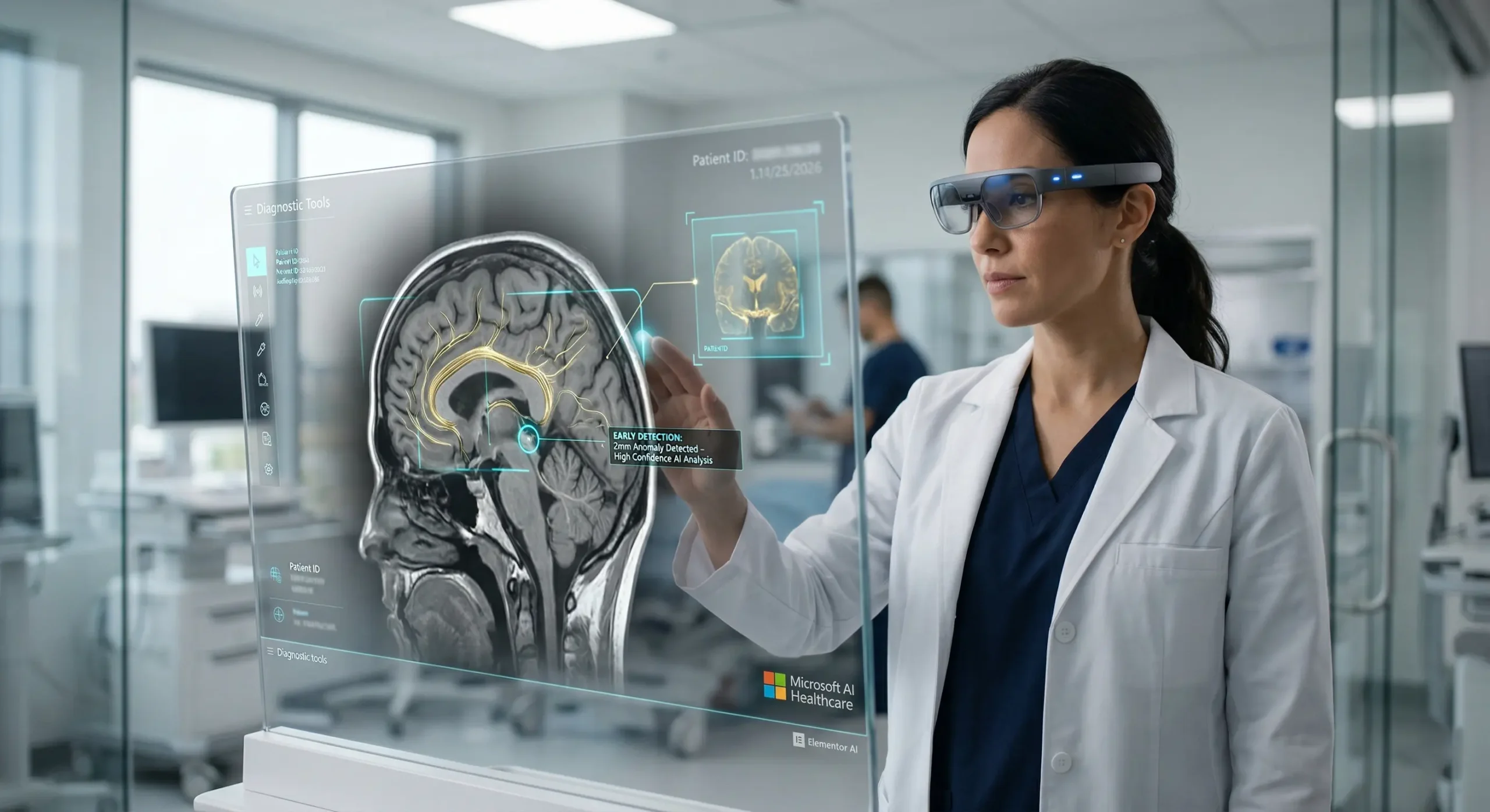 Ilustratie conceptuala cu o doctorita in 2026 folosind un sistem de inteligenta artificiala medicala (Microsoft AI Healthcare) pentru detectarea timpurie a dementiei dintr-un RMN cerebral, simbolizand rolul AI ca instrument de sprijin in diagnosticarea timpurie a bolilor