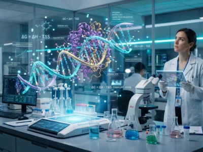 Ilustratie conceptuala a unui laborator modern din 2026 unde inteligenta artificiala analizeaza structuri moleculare prin proiectii holografice 3D, simbolizand accelerarea descoperirilor stiintifice si a cercetarii medicale