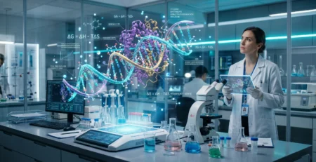 Ilustratie conceptuala a unui laborator modern din 2026 unde inteligenta artificiala analizeaza structuri moleculare prin proiectii holografice 3D, simbolizand accelerarea descoperirilor stiintifice si a cercetarii medicale