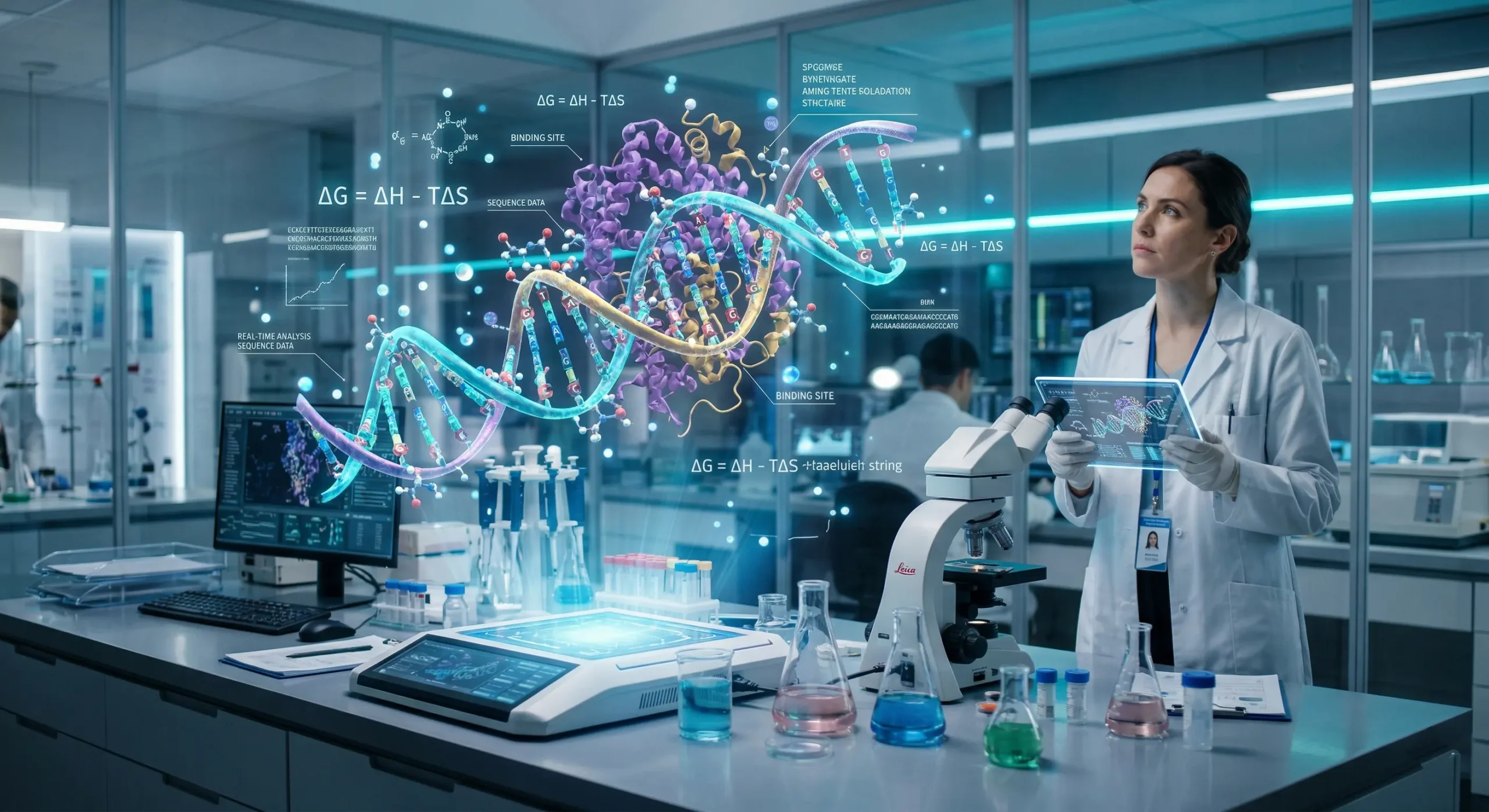 Ilustratie conceptuala a unui laborator modern din 2026 unde inteligenta artificiala analizeaza structuri moleculare prin proiectii holografice 3D, simbolizand accelerarea descoperirilor stiintifice si a cercetarii medicale