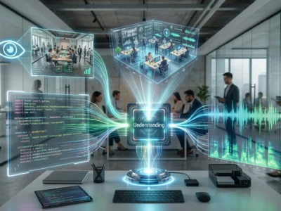 Ilustratie conceptuala a tehnologiei AI multimodal in 2026, reprezentand un sistem digital unificat care proceseaza simultan text, imagini video si audio pentru a intelege mediul inconjurator la fel ca o persoana