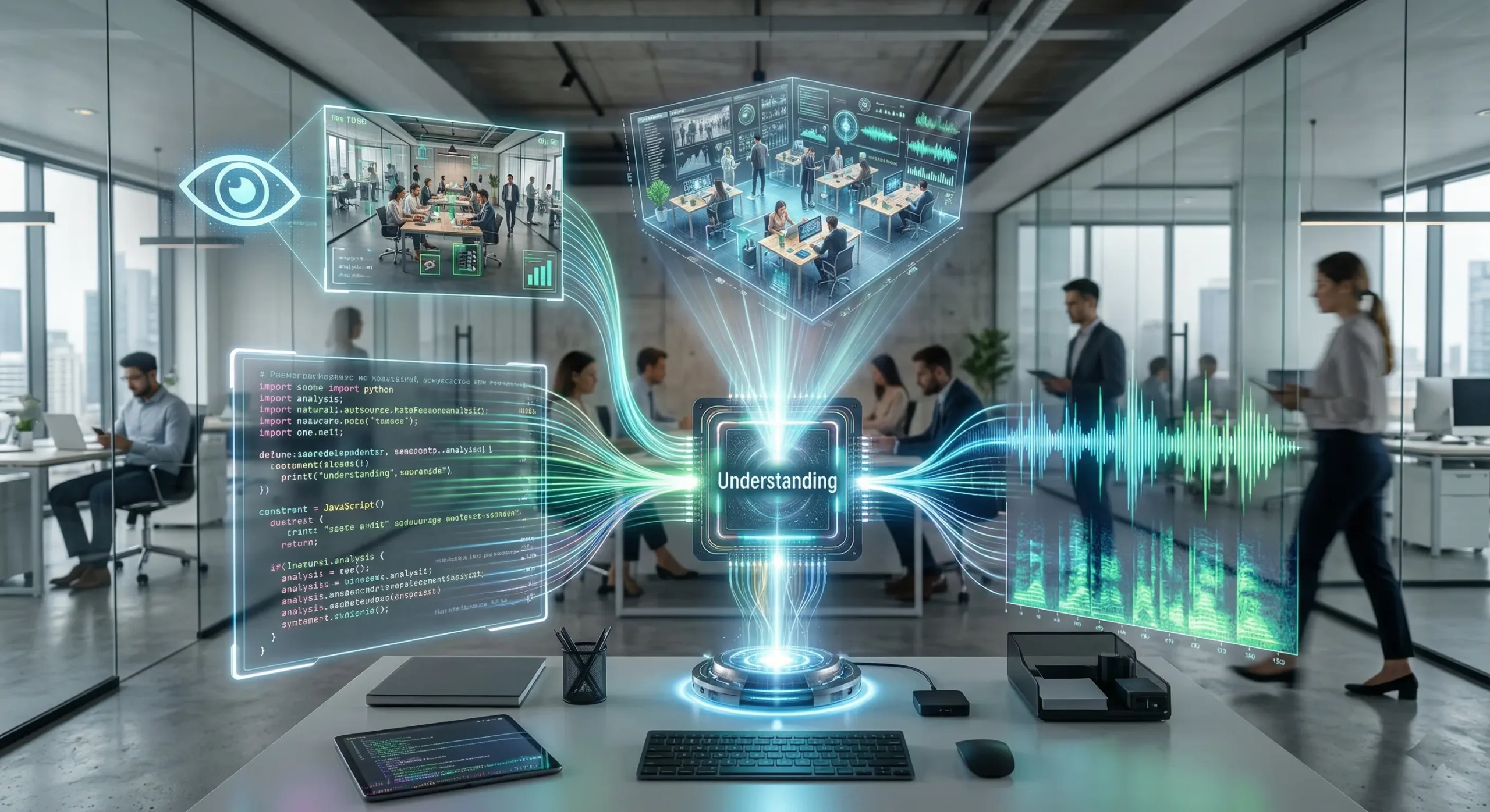 Ilustratie conceptuala a tehnologiei AI multimodal in 2026, reprezentand un sistem digital unificat care proceseaza simultan text, imagini video si audio pentru a intelege mediul inconjurator la fel ca o persoana