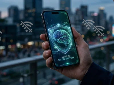 Ilustratie conceptuala a unui smartphone din 2026 care ruleaza inteligenta artificiala local (Edge AI) fara conexiune la internet, simbolizand confidentialitatea datelor prin procesarea lor directa pe dispozitiv