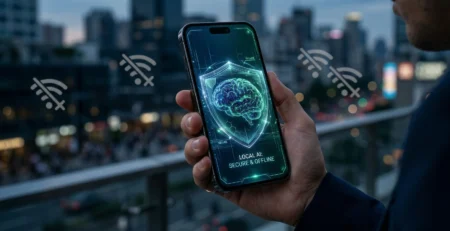Ilustratie conceptuala a unui smartphone din 2026 care ruleaza inteligenta artificiala local (Edge AI) fara conexiune la internet, simbolizand confidentialitatea datelor prin procesarea lor directa pe dispozitiv
