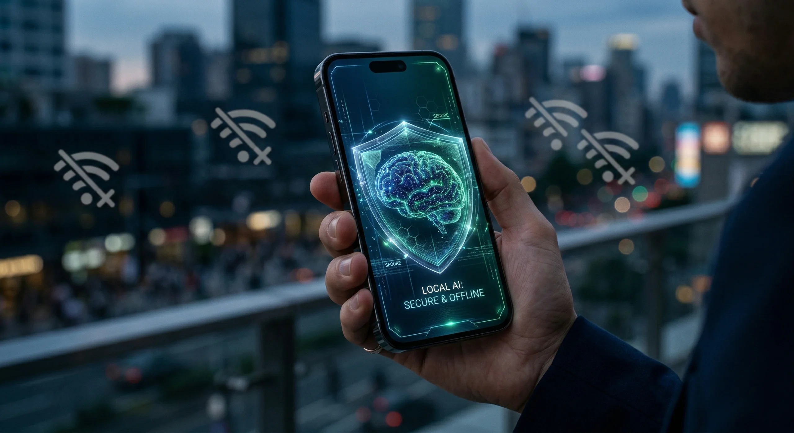 Ilustratie conceptuala a unui smartphone din 2026 care ruleaza inteligenta artificiala local (Edge AI) fara conexiune la internet, simbolizand confidentialitatea datelor prin procesarea lor directa pe dispozitiv