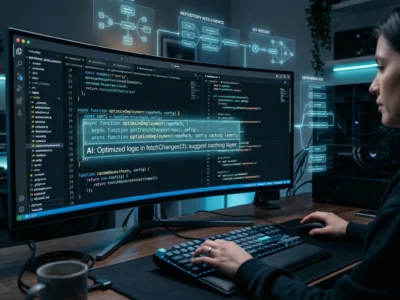 Imagine cu un mediu de programare modern din 2026 unde un editor de cod este asistat de inteligenta artificiala prin sugestii in timp real si scheme logice holografice, simbolizand cresterea productivitatii developerilor