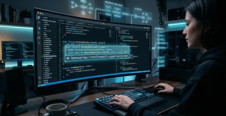 Imagine cu un mediu de programare modern din 2026 unde un editor de cod este asistat de inteligenta artificiala prin sugestii in timp real si scheme logice holografice, simbolizand cresterea productivitatii developerilor