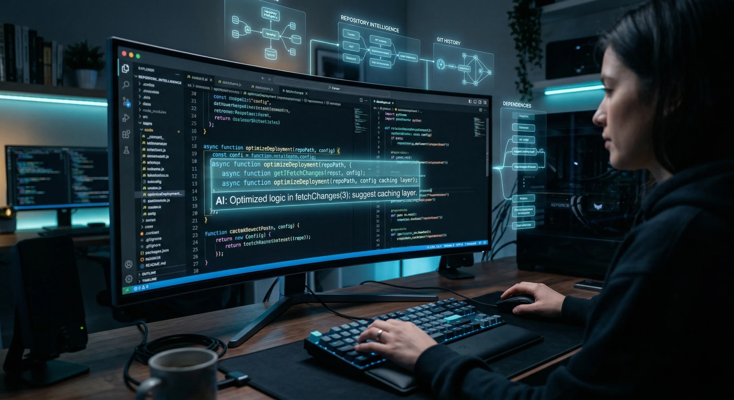 Imagine cu un mediu de programare modern din 2026 unde un editor de cod este asistat de inteligenta artificiala prin sugestii in timp real si scheme logice holografice, simbolizand cresterea productivitatii developerilor