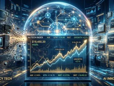 Ilustratie conceptuala a pietei financiare AI in 2026 comparand investitiile actuale cu bula dot-com si evidentiind profitabilitatea reala a noilor tehnologii