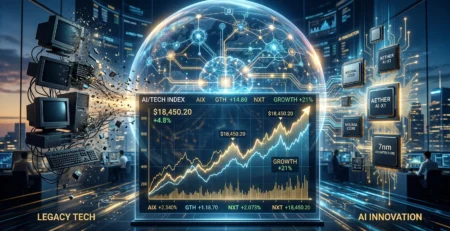 Ilustratie conceptuala a pietei financiare AI in 2026 comparand investitiile actuale cu bula dot-com si evidentiind profitabilitatea reala a noilor tehnologii