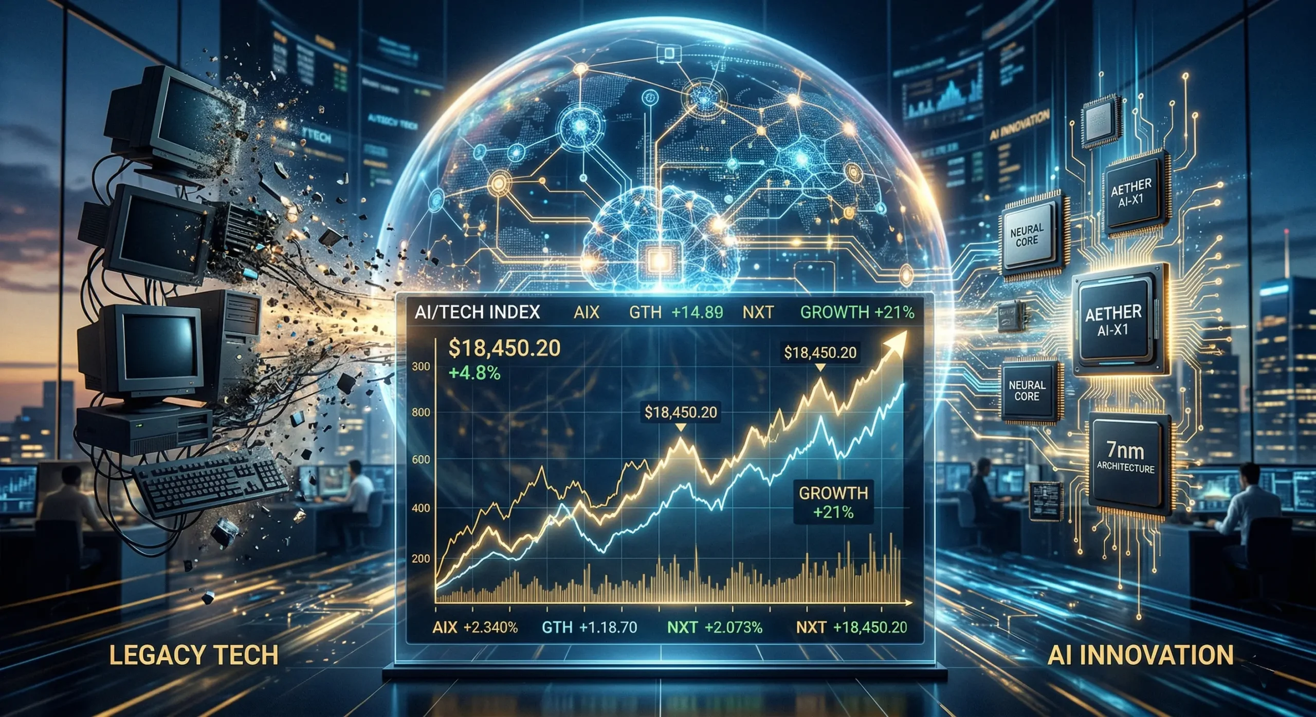 Ilustratie conceptuala a pietei financiare AI in 2026 comparand investitiile actuale cu bula dot-com si evidentiind profitabilitatea reala a noilor tehnologii