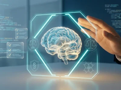 Ilustratie conceptuala reprezentand etica si guvernanta AI in 2026, cu un creier digital protejat de un cadru legal simbolizat prin balanta justitiei si scut, sub indrumarea responsabila a unei maini umane