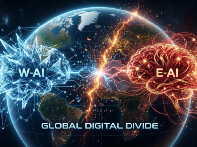 Ilustratie conceptuala reprezentand cele doua ecosisteme globale de inteligenta artificiala, cel occidental si cel chinezesc, simbolizand competitia geopolitica si fragmentarea tehnologica din 2026