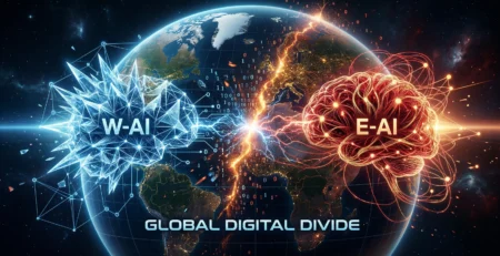 Ilustratie conceptuala reprezentand cele doua ecosisteme globale de inteligenta artificiala, cel occidental si cel chinezesc, simbolizand competitia geopolitica si fragmentarea tehnologica din 2026