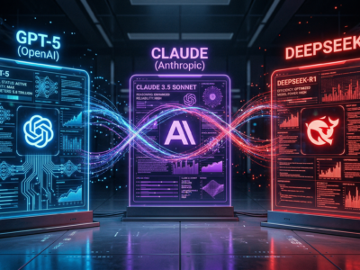 Comparatie vizuala intre cele trei modele AI frontier din 2026 - GPT-5, Claude Opus si DeepSeek V4 - simbolizand competitia pentru suprematie in inteligenta artificiala