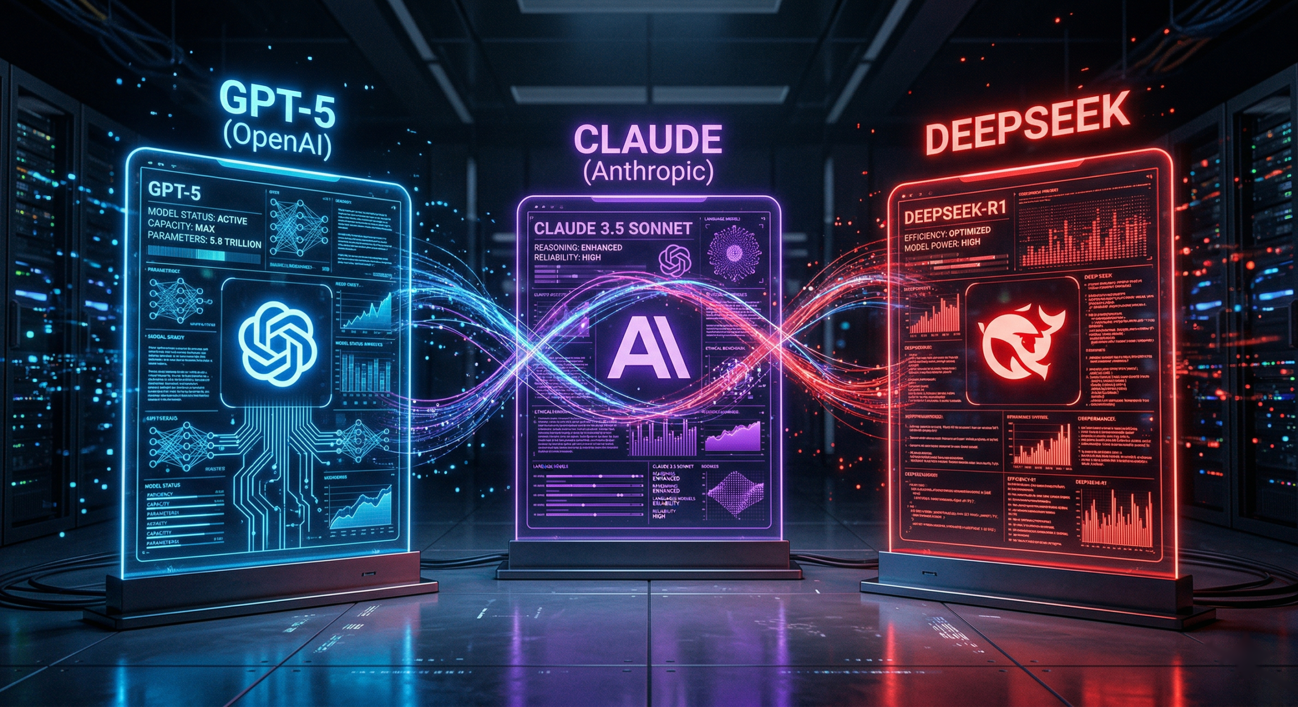 Comparatie vizuala intre cele trei modele AI frontier din 2026 - GPT-5, Claude Opus si DeepSeek V4 - simbolizand competitia pentru suprematie in inteligenta artificiala
