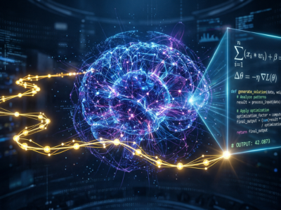 Ilustratie conceptuala cu o retea neuronala AI afisand procesul de rationament pas cu pas, cu o cale luminoasa logica aurie intr-o matrice digitala albastra si mov, simbolizand modelele de AI care gandesc inainte sa raspunda