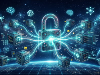 Ilustratie digitala reprezentand modelele AI open source din 2026 - cod deschis, acces liber si colaborare globala in dezvoltarea inteligentei artificiale